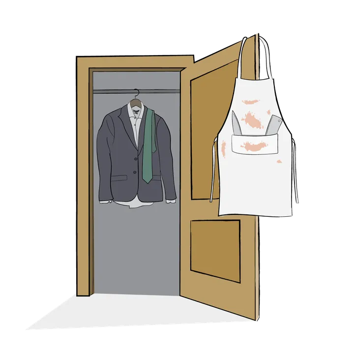 Joe leaves his suit in the closet and wears a butcher's apron