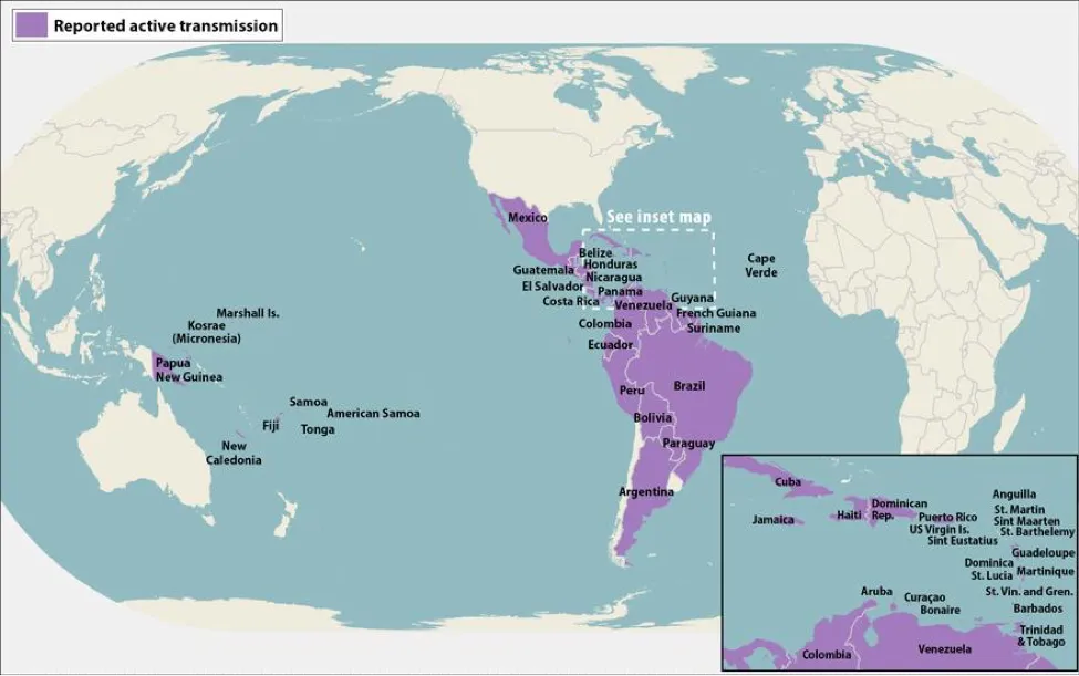 reported active transmission of Zika Virus around the world